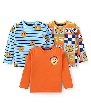 Babyhug Cotton Knit Full Sleeves T-Shirts with Stripes &  Graphics Pack of 3 - Blue & Orange