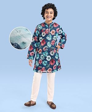 Pine Kids Woven Full Sleeves Kurta Pyjama Set Floral Print - Teal Blue