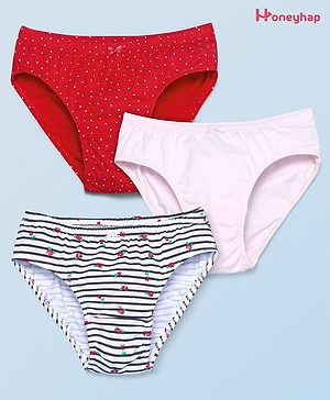 Honeyhap Premium  Cotton Elastane Striped Solid & Polka Dots Printed Panties with Bio Finish Pack of 3 - Bright White  Barely Pink &  High Risk Red