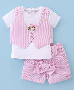 ToffyHouse 100% Cotton Knit Half Sleeves Doll Printed Tee With Striped Jacket & Woven Corduroy Shorts Set - Light Pink