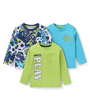 Babyhug Cotton Knit Full Sleeves T-Shirts with Text Print & Football Graphics Pack of 3 - Blue & Light Green