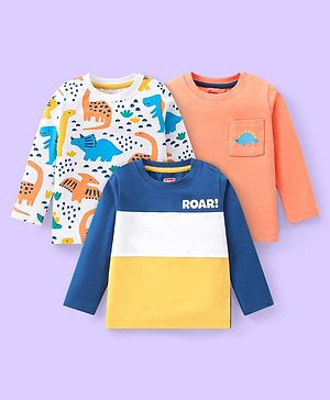 Babyhug Cotton Knit Full Sleeves T-Shirts with Solid Text & Dino Print Pack of 3 - Orange & White