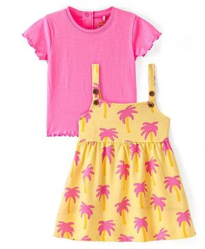 Babyhug Cotton Knit Printed Frock With Half Sleeves Solid Coloured Inner Tee - Yellow & Pink