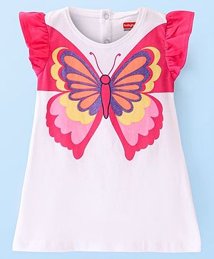 Babyhug Single Jersey Frill Sleeve Frock with Butterfly Print - White & Pink