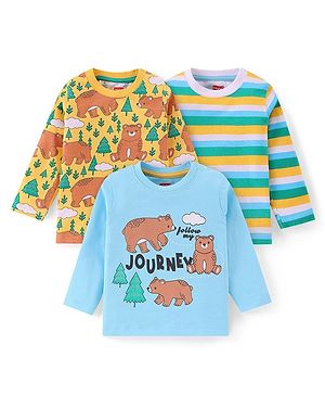 Babyhug Cotton Knit Full Sleeves T-Shirts with Striped & Bear Print Pack of 3 - Light Blue  & Yellow