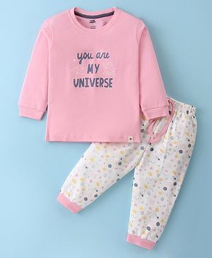 Pink Rabbit Single Jersey Knit Full Sleeves T-Shirt & Lounge Pants Set With Space Theme Print - Light Pink