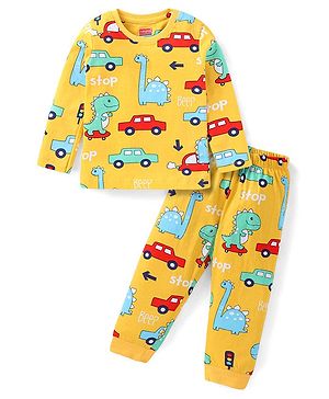 Babyhug Cotton Knit Full Sleeves Night Suit with Car & Dino Print - Yellow