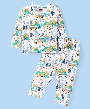Babyhug Cotton Knit Full Sleeves Night Suit With Vehicle Print - White