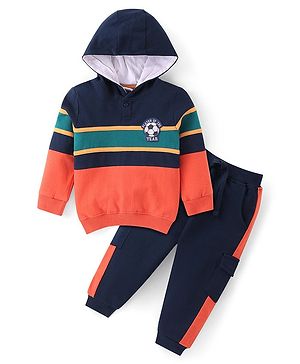 Babyhug Cotton Knit Full Sleeves Hooded T-Shirt & Lounge Pants Set With Color Block Pattern - Navy & Red