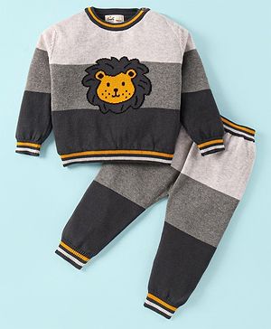 Simply Knit Full Sleeves Sweater Set with Colour Block & Lion Design - Grey