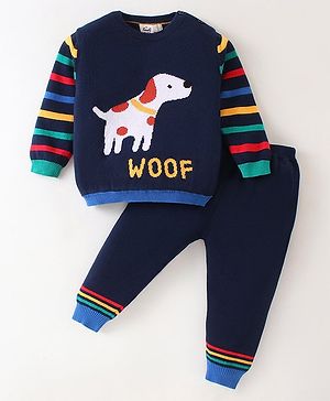 Simply Knit Full Sleeves Sweater Set with Stripes & Dog Design - Navy Blue