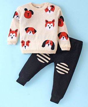 Simply Knit Full Sleeves Sweater Set with Dogs Design - Beige & Black