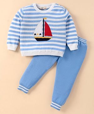 Simply Knitted Full Sleeves Striped Pullover Sweater & Pant Set with Boat Design - Light Blue