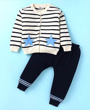 Simply Knitted Full Sleeves Front Open Striped Sweater Set With Star Print - White & Navy Blue