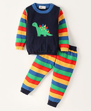 Simply Knit Full Sleeves Striped Sweater Set with Dino Design - Navy Blue