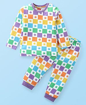 Babyhug Cotton Knit Full Sleeves Checkered  Night Suit with Star Print - White Purple & Yellow