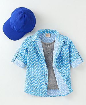 Rikidoos Full Sleeves Flamingo    Printed Shirt With Attached Tee With Cap - Sky Blue