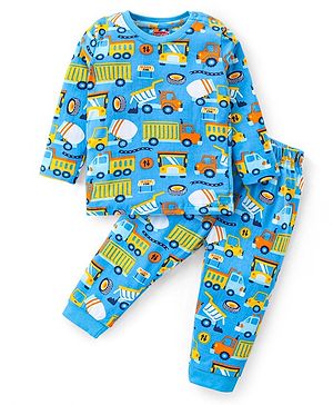 Babyhug Cotton Knit Full Sleeves Night Suit With Construction Vehicles Print - Blue