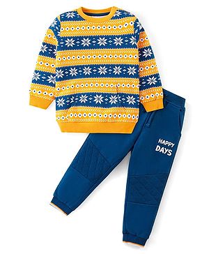 Babyhug Cotton Knit Full Sleeves T-Shirt & Lounge Pants Set With Ikat Print - Yellow & Blue