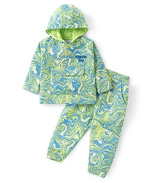 Babyhug Cotton Knit Full Sleeves Hooded T-Shirt & Lounge Pants Co-Ord Set With Marble Print - Light Green