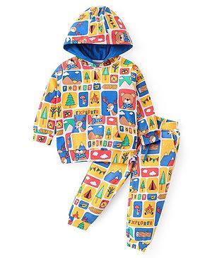 Babyhug Cotton Knit Full Sleeves Hooded T-Shirt & Lounge Pants Co-Ord Set With Animals Print - Mustard & Blue