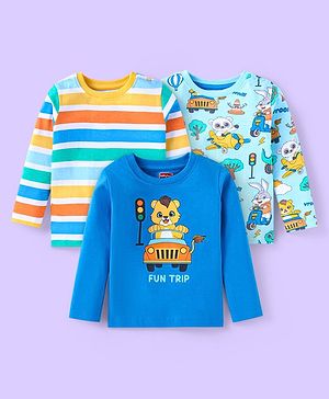 Babyhug Cotton Knit Full Sleeves T-Shirts with Stripes &  Animals Graphics Pack of 3 - Blue & Yellow