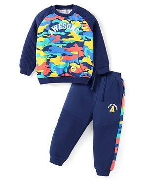 Babyhug Cotton Knit Full Raglan Sleeves T-Shirt & Lounge Pants Set With Kangaroo Pocket & Camouflage Text Print - Navy