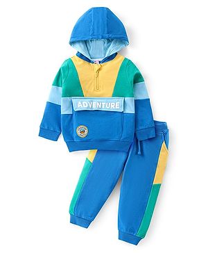 Babyhug Cotton Knit Full Sleeves Hooded Front Zipper Color Block T-Shirt & Lounge Pants Set - Blue