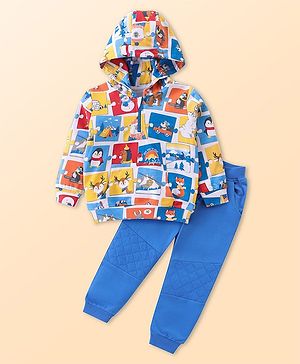 Babyhug Cotton Knit Full Sleeves Hooded Front Zipper T-Shirt & Lounge Pants Set With Animals Print - Blue