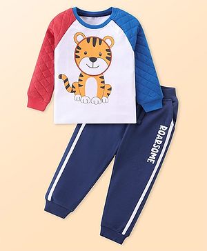 Babyhug Cotton Knit Raglan Sleeves T-Shirt & Lounge Pants Set With Tiger Print - White & Navy