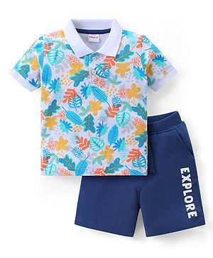 Babyhug Cotton Knit Half Sleeves Floral Printed Polo T-Shirt & Shorts Set - Multicolor