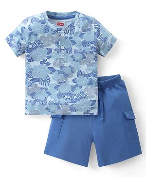 Babyhug Cotton Knit Half Sleeves Henley T-Shirt & Shorts Set With Tropical Print - Blue
