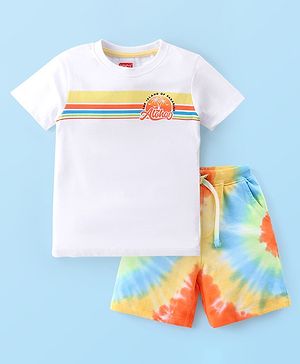 Babyhug Cotton Knit Half Sleeves Striped T-Shirt & Tie-Dye Shorts Set - White