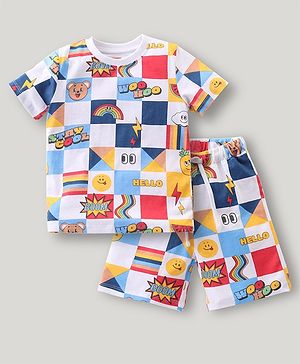 Babyhug Cotton Knit Half Sleeves T-Shirt & Shorts Co-Ord Set With Text & Teddy Print - Off White