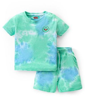 Babyhug Cotton Knit Half Sleeves Tie & Dye T-Shirt & Shorts Co-Ord Set With Emoticon Print - Blue