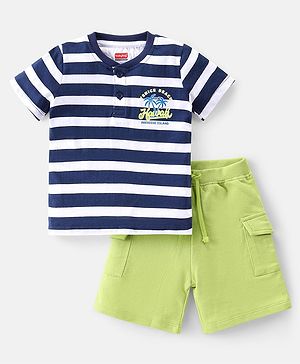 Babyhug Cotton Knit Half Sleeves Striped Henley T-Shirt & Shorts Set - Navy & Lime Green