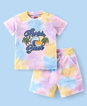 Babyhug Cotton Knit Half Sleeves Tie & Dye T-Shirt & Shorts Set With Text Print - Baby Pink
