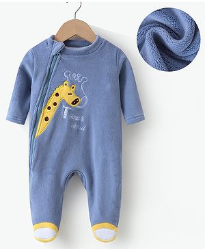 Kookie Kids Full Sleeves Griaffe & Text Detailing Winter Wear Footed Romper - Blue