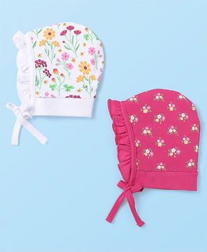 Babyhug Cotton Knit Floral Printed Caps Pack of 2 - Dark Pink and White