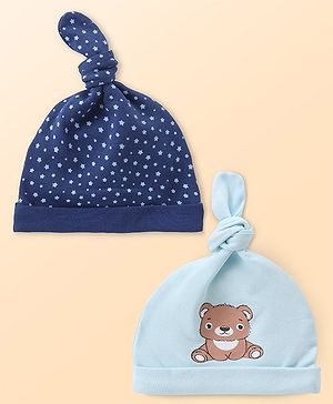 Babyhug 100% Cotton Interlock Knit Stars & Bear Printed Caps with Knot Detailing - Pack of 2 - Blue