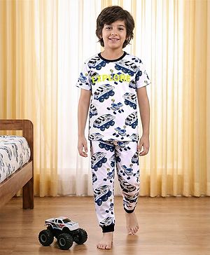 Pine Kids Single Jersey Knit Half Sleeves Night Suit Car Print - White & Navy