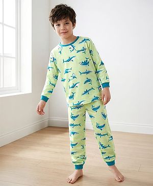 Pine Kids Single Jersey Knit Full Sleeves Night Suit with Whale Print - Light Green