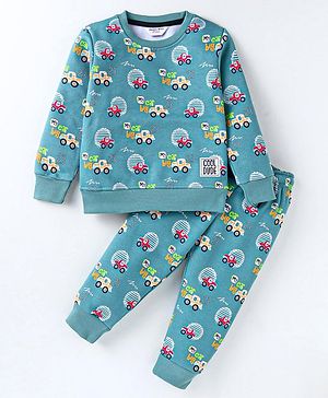 Smarty Boys Fleece Knit Full Sleeves Winter Wear Co-Ord Night Suit With Vehicles Print - Teal Blue