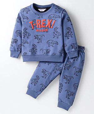 Smarty Boys Premium Stretch Fleece Knit Full Sleeves Winter Wear Co-Ord Night Suit With Dino Print - Blue