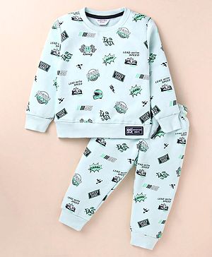 Smarty Boys Premium Stretch Fleece Knit Full Sleeves Winter Wear Co-Ord Night Suit With Racing Cars Print - Aqua