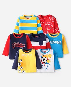 Babyhug Cotton Knit Full Sleeves T-Shirts Text Print & Stripes Pack of 7 - Multicolor
