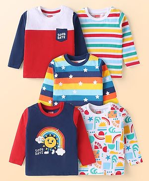 Babyhug Cotton Knit Full Sleeves T-Shirt With Stripes & Beach Theme Print Pack Of 5 - Light Blue & Navy Blue