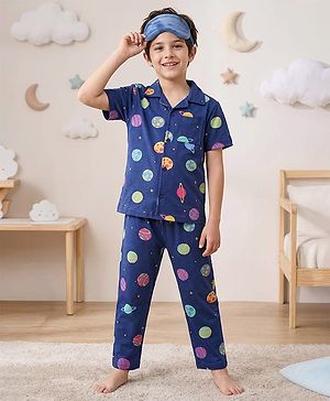 Pine Kids Single Jersey Knit Half Sleeves Front Open Collared Night Suit Space Theme Print -Navy