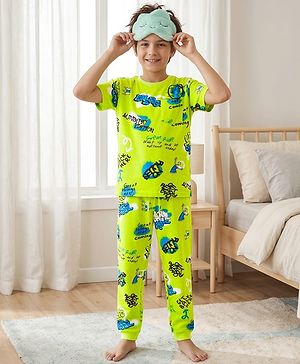 Pine Kids Single Jersey Knit Half Sleeves Night Suit Text Print -Neon Green