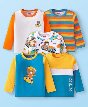 Babyhug Cotton Knit Full Sleeves T-Shirts with Stripes & Animal Graphics Pack of 5 - Yellow Blue & White